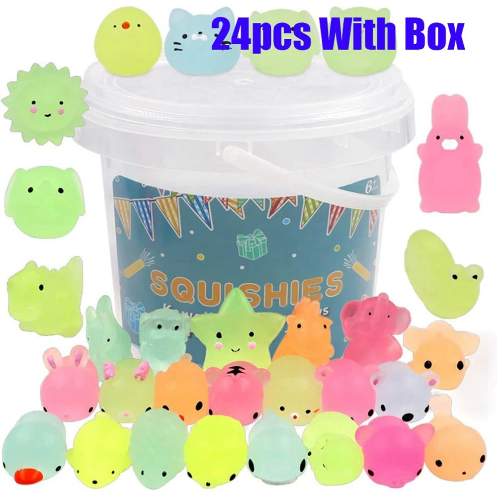 12/36-Pack Glow-in-the-Dark Kawaii Animal Mochi Squishies – Sensory Fidget Toy Party Favor Set