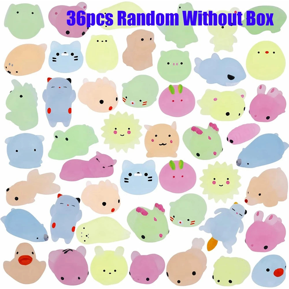 12/36-Pack Glow-in-the-Dark Kawaii Animal Mochi Squishies – Sensory Fidget Toy Party Favor Set
