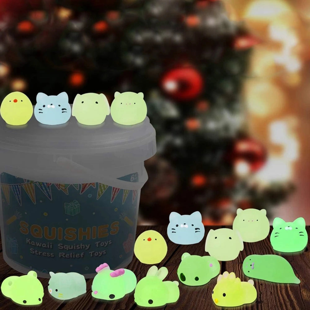12/36-Pack Glow-in-the-Dark Kawaii Animal Mochi Squishies – Sensory Fidget Toy Party Favor Set