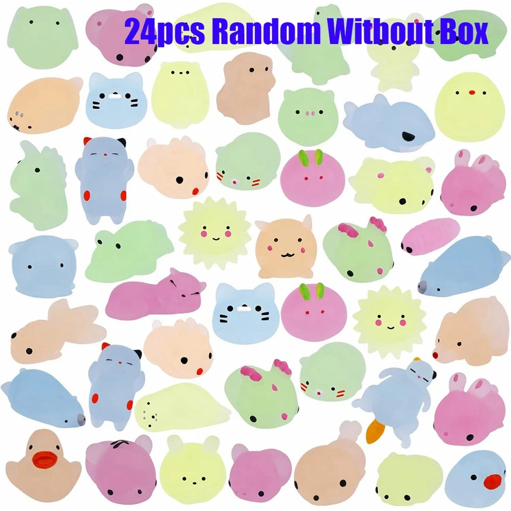 12/36-Pack Glow-in-the-Dark Kawaii Animal Mochi Squishies – Sensory Fidget Toy Party Favor Set