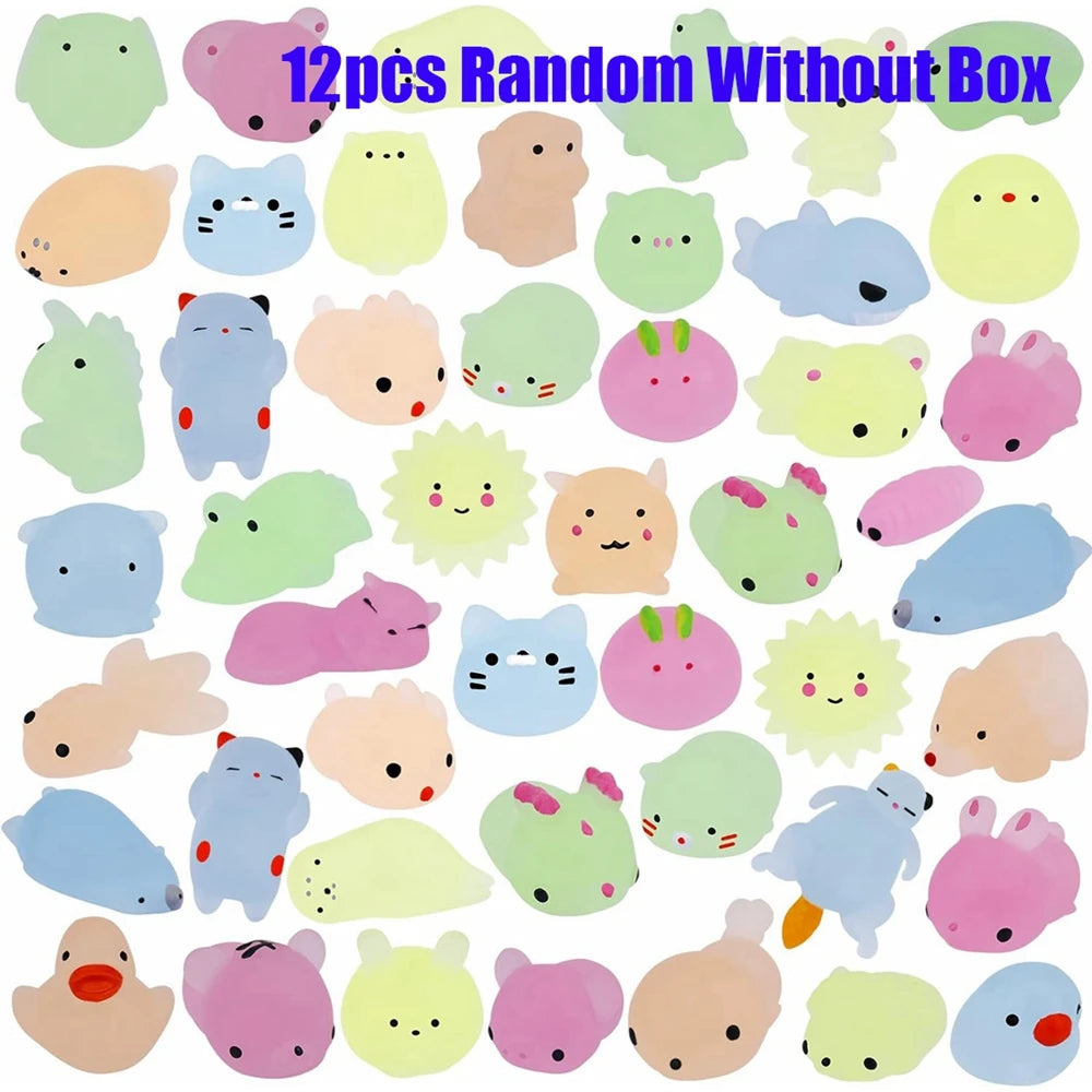 12/36-Pack Glow-in-the-Dark Kawaii Animal Mochi Squishies – Sensory Fidget Toy Party Favor Set