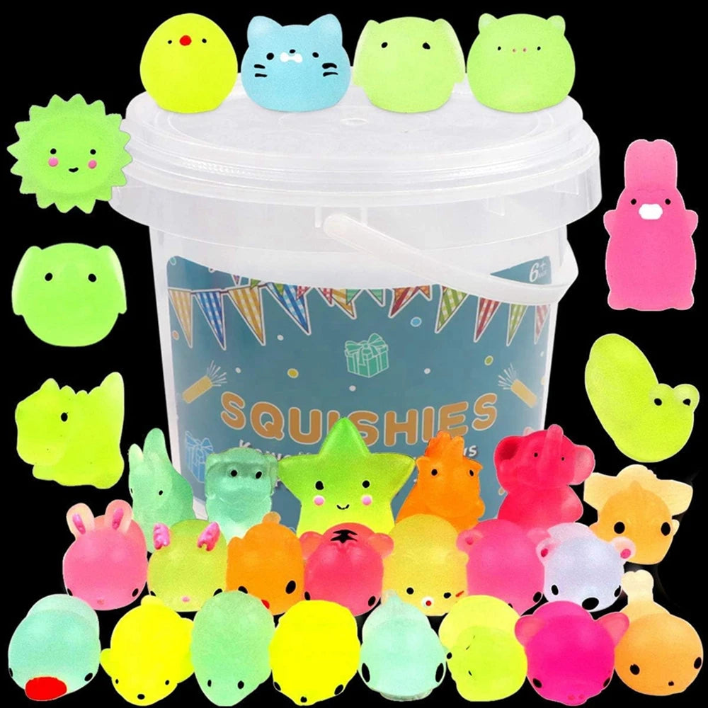12/36-Pack Glow-in-the-Dark Kawaii Animal Mochi Squishies – Sensory Fidget Toy Party Favor Set